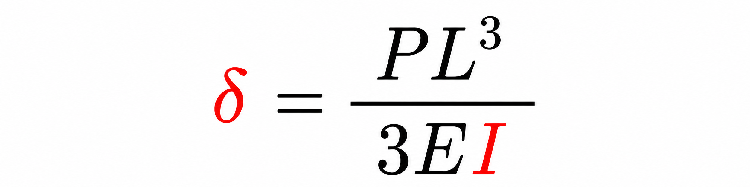 片持ち梁の先端たわみの公式。たわみδはPL3を3EIで割って求め、分母に断面二次モーメントIが入ることを示した公式図