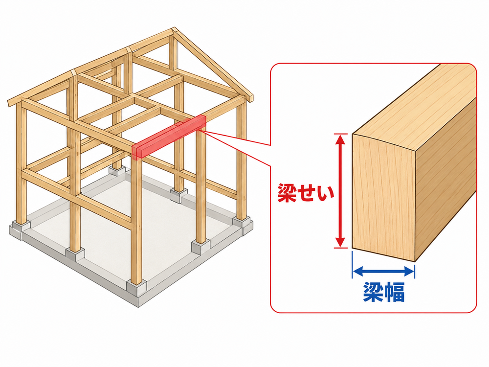 木造住宅の梁で梁せいと梁幅の違いを示す図