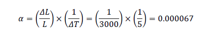 α=(ΔL/L)×(1/ΔT)=(1/3000)×(1/5)=0.000067
