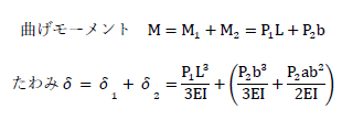 2点集中荷重が作用する片持ち梁の曲げモーメント、たわみの公式1