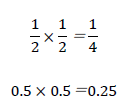 1/2×1/2＝1/4 0.5×0.5＝0.25