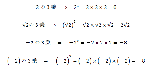 2の3乗、√2の3乗、－2の3乗の計算の違い