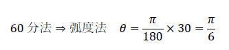 60分法⇒弧度法　θ=π/180×30=π/6