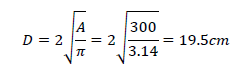 D=2√(A/π)=2√(300/3.14)=19.5cm