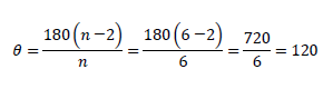 θ=180(n－2)/n=180(6－2)/6=720/6=120