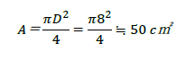 A＝(πD^2)/4=(π8^2)/4≒50 c㎡