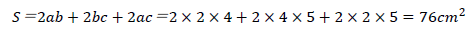 S＝2ab+2bc+2ac＝2×2×4+2×4×5+2×2×5=76cm^2