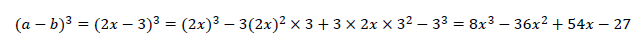 (a-b)^3=(2x-3)^3=(2x)^3-3(2x)^2×3+3×2x×3^2-3^3=?8x?^3-36x^2+54x-27