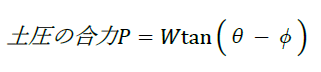 土圧の合力P=Wtan(θ-φ)