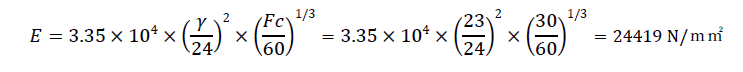 E=3.35×10^4×(γ/24)^2×(Fc/60)^(1\/3)=3.35×10^4×(23/24)^2×(30/60)^(1\/3)=24419 N\/ｍ㎡